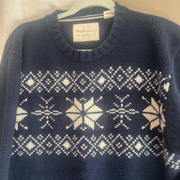 Men's Navy Blue & Cream Snowflake Crew Sweater, Size XL - Picture 2 of 9